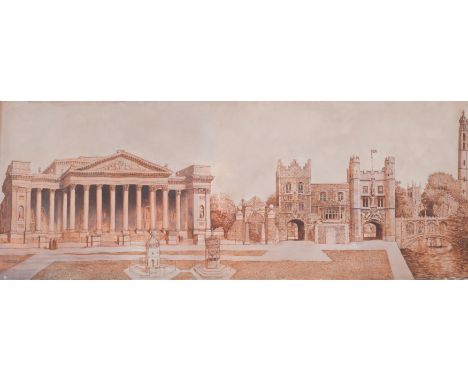 A Capriccio panorama of Cambridge, depicting the Fitzwilliam Museum, Jesus College, Trinity College Gate, Bridge of Sighs, Ki