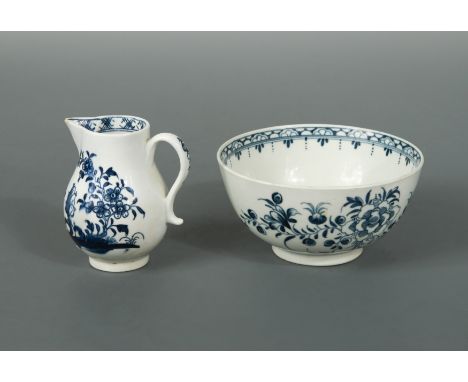 decorated with trailing foliage, 8.5cm high, a Worcester blue and white bowl, decorated with foliage, crescent mark, 12cm dia