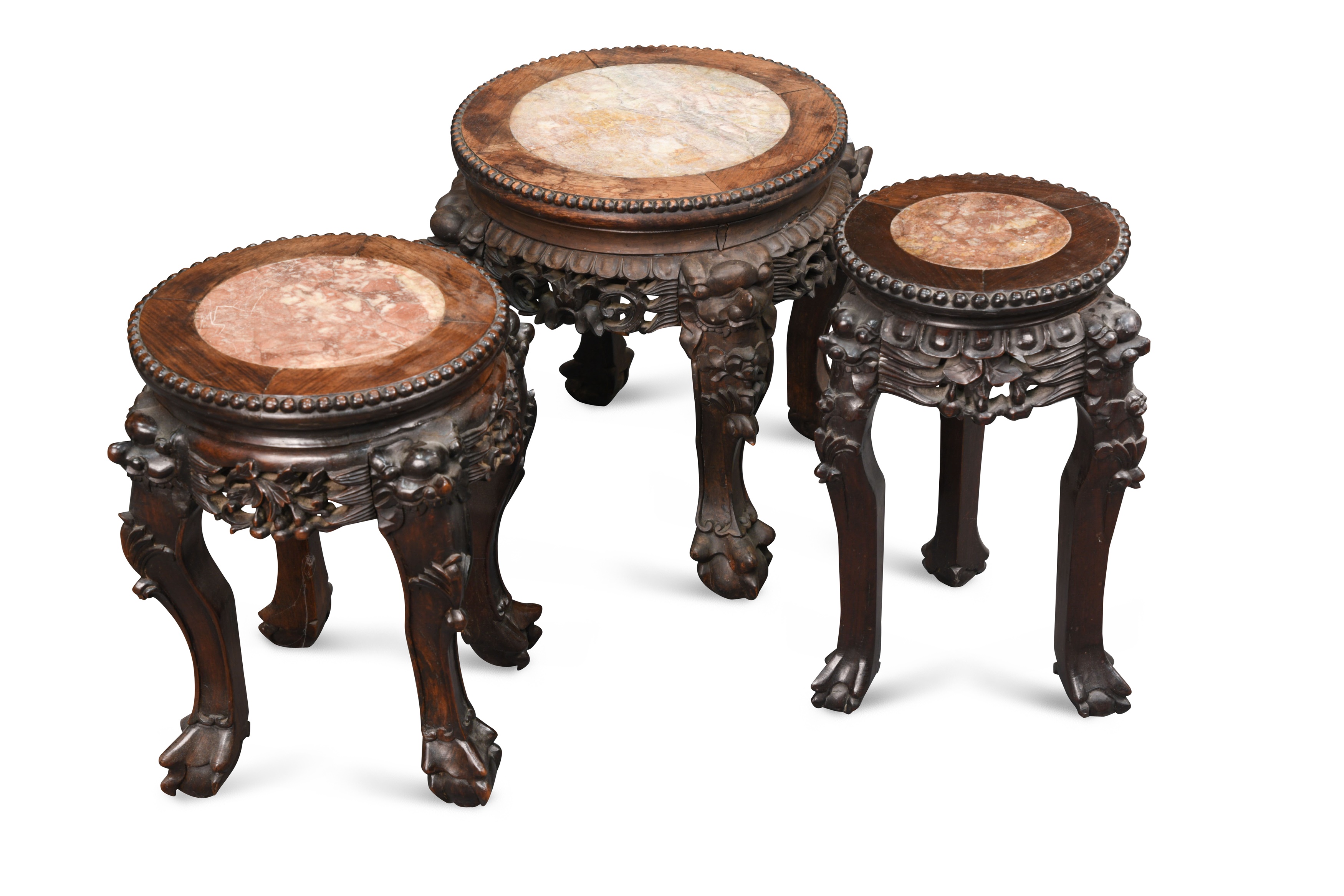 A group of three Chinese marble top stands, late Qing Dynasty circa