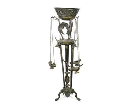with Naples foundry mark to base, the central bowl supported on three cranes, each with oil lamp suspended on chains from the