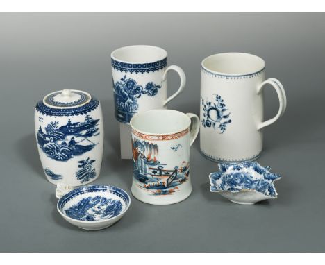 decorated with the Fisherman pattern, S mark, 8cm high; a Caughley blue and white tea cannister decorated with the Fisherman 