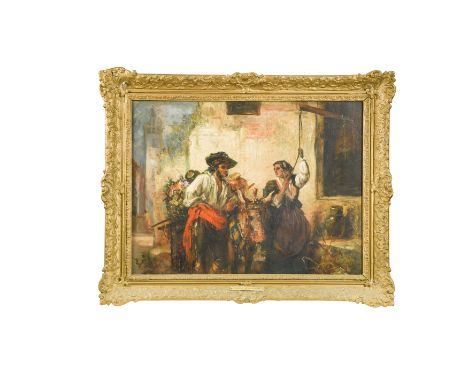 Spanish couple with a donkey at a well signed lower right 'T K Pelham' oil on canvas 44 x 59 cm