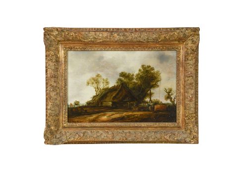 A Landscape with a thatched cottage, a washer woman and figures with a hay cart signed indistinctly lower centre in monogram 