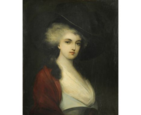 Portrait of a lady, half length, in a large black hat and red cape oil on canvas, unframed 76 x 63 cmCondition report: Oil on