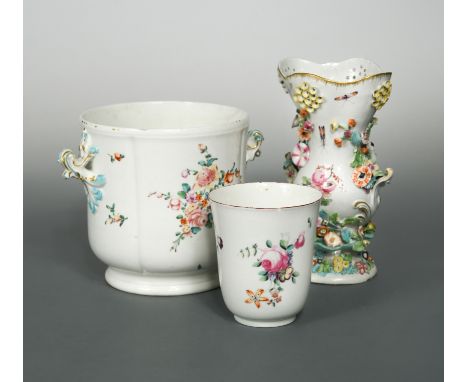 painted with insects and encrusted with flowers, 20cm high; an 18th century two-handled Derby patch mark jardiniere, painted 