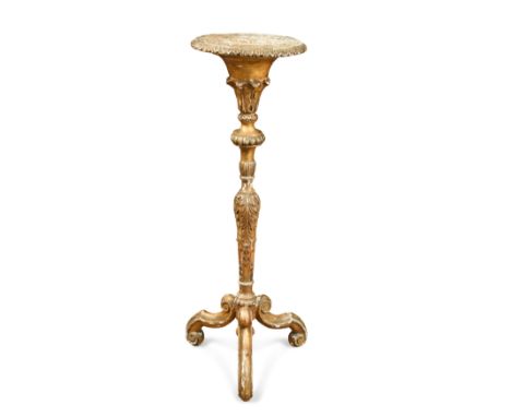 with moulded column and shaped tripod base 93 x 33cmCondition report: wear and gesso loss overall