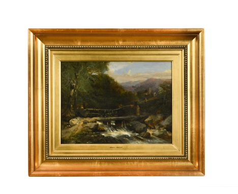 A Waterfall with a girl on a bridge, a walker and his dog beyond oil on canvas 27 x 36 cmFootnote: The landscape is possibly 