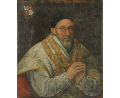 Portrait of the French abbot Jean de Brétigny (1556-1634) bears a coat of arms upper left with Latin text attached to the rev