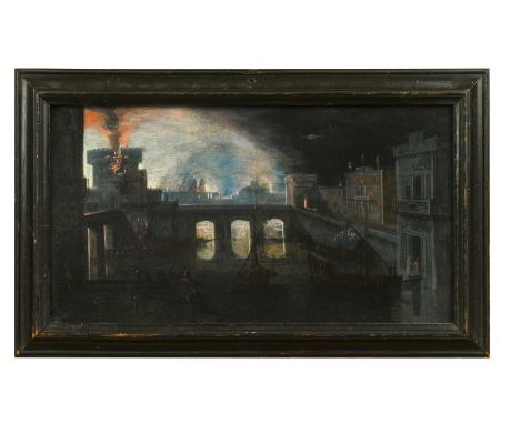 A city under naval attack and on fire oil on panel 16.5 x 29.5 cmCondition report: Oil on wooden panel. The support is stable