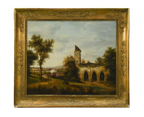 painted with a ruin in a river landscape with travellers, label verso lists tunes as: Valse Robert le Diable, Valse de Straus