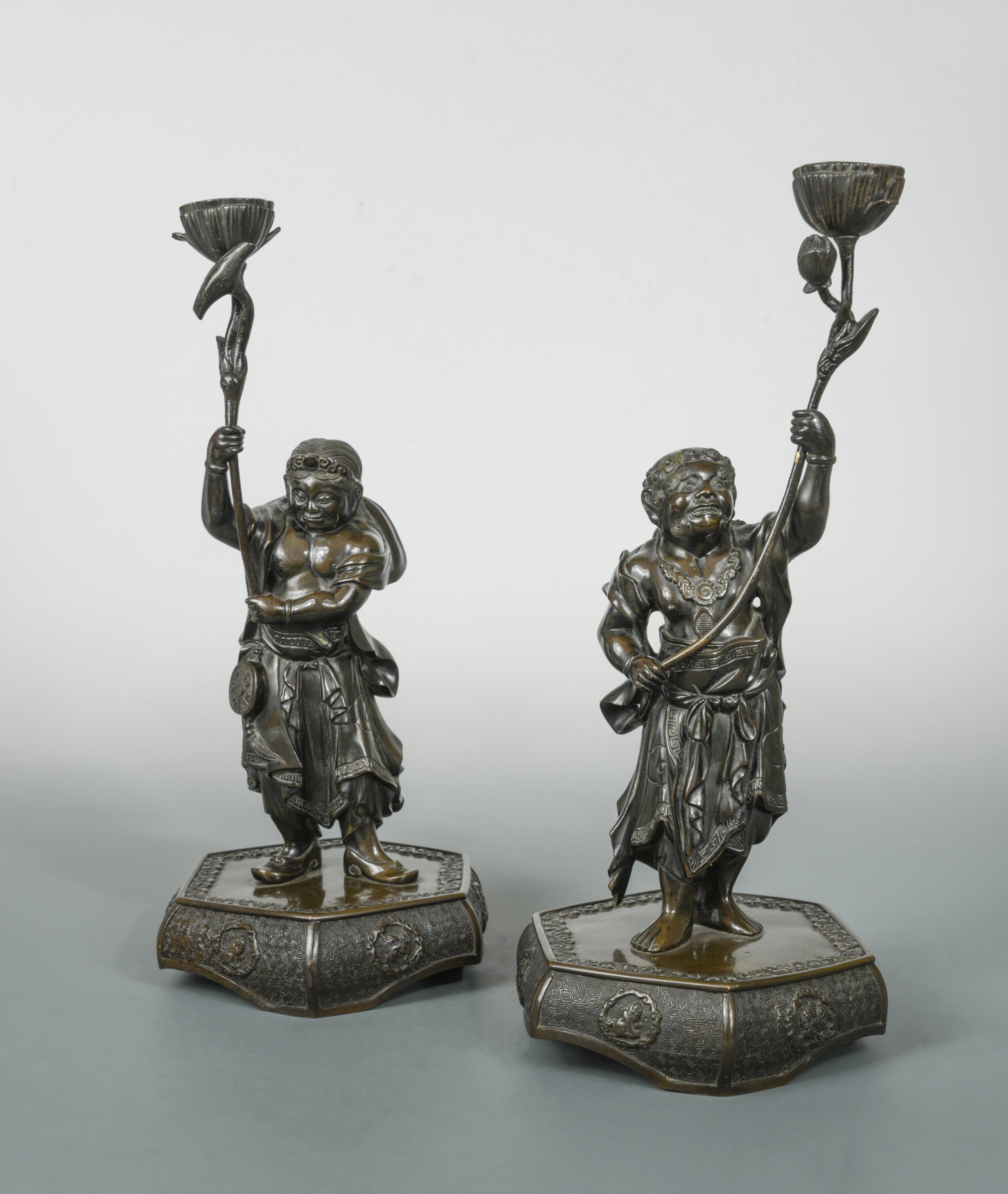 A Pair Of Chinese Bronze Figural Candle Holders, Qing Dynasty Late 19th 