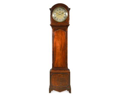 the arched hood with circular 11.75inch dial signed at VI, with silvered chapter ring, seconds dial and date aperture, the 5 