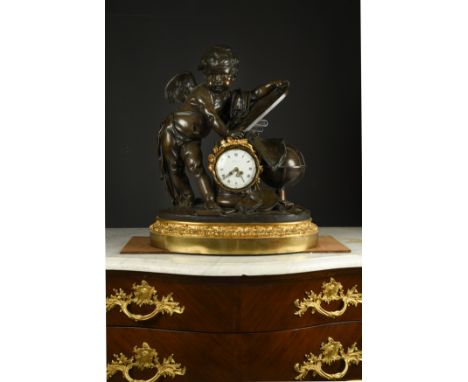 modelled as Cupid supporting a tablet, a globe to one side, the 13cm white dial marked 'Dutertre a Paris', the bell striking 