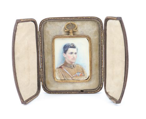 A watercolour portrait miniature of Albert Ball, VC, DSO and two bars, MC (1896 - 1917), in presentation case, 12 cm x 9.5 cm