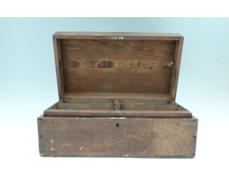 A vintage wooden parts box with inner tray, 42 cm x 24 cm x 17 cm