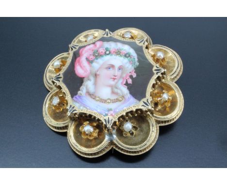 A Victorian enamelled and yellow metal brooch, having a hand painted enamel portrait miniature of a maiden in 18th Century co