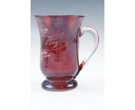 A Victorian ruby flashed and cut glass christening or similar cup, engraved "For a Good Boy", 9.5 cm