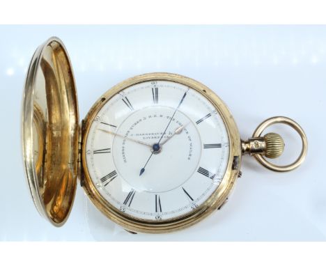 A Victorian 18 ct gold hunter chronograph pocket watch by Hargreaves and Co., Liverpool, the crown wound pin-set lever moveme