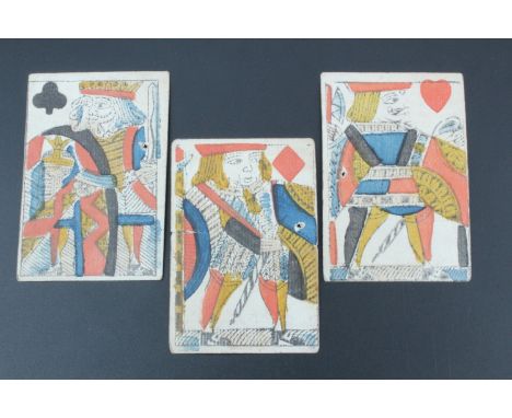 Three 18th Century printed and watercolour tinted playing card, having been used as labels and annotated verso, approx 6 cm x