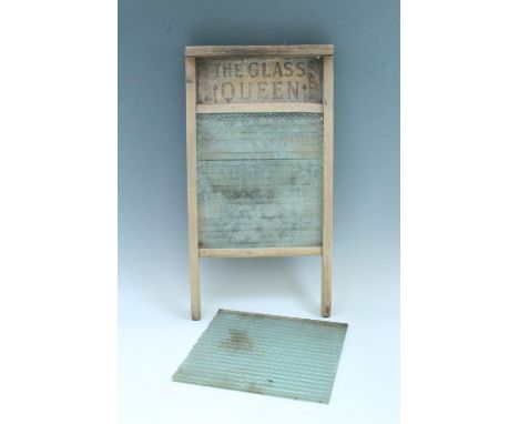 The Queen bran washing / scrubbing board, 32 cm x 60 cm, together with a glass panel from another