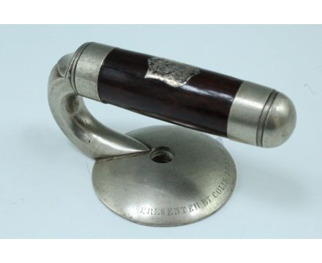 A Victorian presentation curling stone handle, bearing a white metal plaque engraved with a monogram, the base engraved "Pres