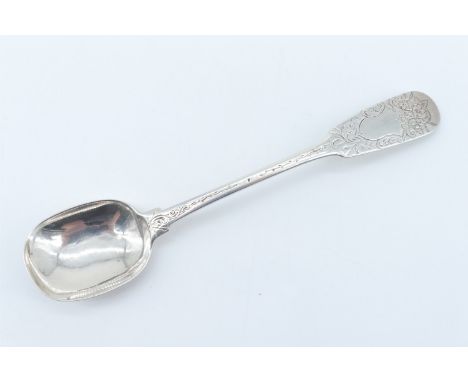 An early 19th Century Scottish provincial silver fiddle pattern long handled tea caddy&nbsp;spoon, having bright cut engravin