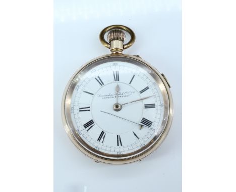 A late 19th / early 20th Century rolled gold chronograph pocket watch and stopwatch, by the Lancashire Watch Co, 55 mm exclud