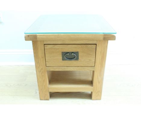 A contemporary glass-topped oak lamp table, 50 cm x 50 cm x 51 cm