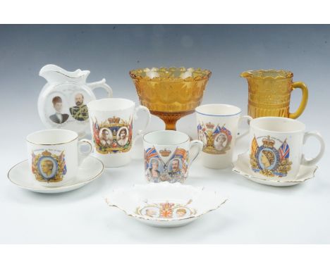 A group of Victorian and later Royal commemorative wares including a Queen Victorian Diamond Jubilee pressed amber glass milk