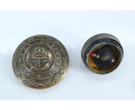 A Second World War escape and evasion button compass, being a large brass Royal Marines button with left-hand-screw back, ope