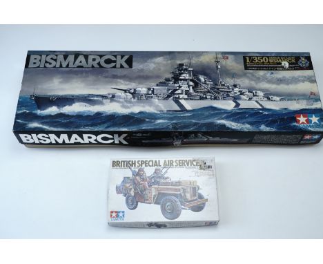 An un-assembled Tamiya 1:35 scale model Second World War Jeep and SAS troopers plastic kit, together with a part-assembled Ta