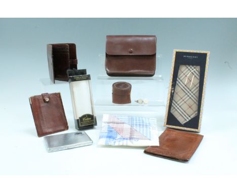 Sundry gentleman's dressing accessories including a boxed Burberry tie, a vintage shaving kit in a cow hide case, three leath