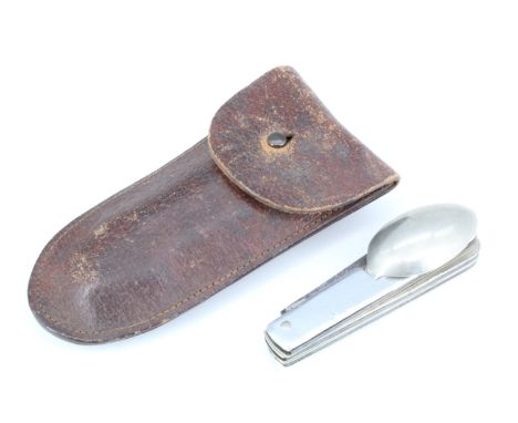 A Great War period campaign knife, fork and spoon, in leather belt pouch, (a/f)