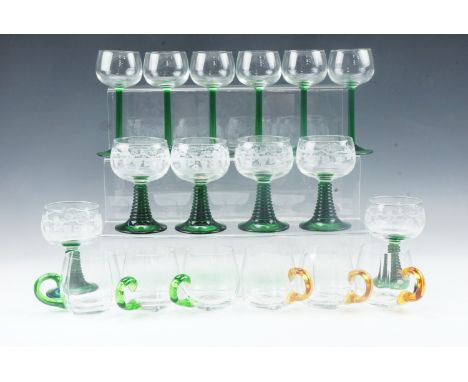 Six German Roemer wine glasses, six hock glasses and six glass cups