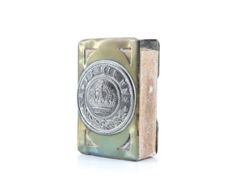 A Great War trench art matchbox cover faced with a German army belt buckle badge