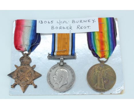 A 1914-15 Star with British War and Victory Medals to 13065 L/Cpl R Burney, Border Regiment