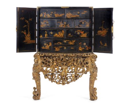 A Regence cabinet on standLacquered cabinet of landscapes, oriental figures and birds chinoiserie decorationTwo doors and ten