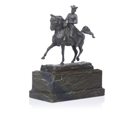 A figure on horsebackPatinated metal sculpture on marble standSignature and Valsuani foundry mark33x25x13,5 cm