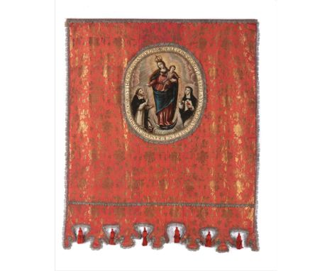 A Procession bannerSilver thread hemmed and silk embroidered silkIn the centre an oil on canvas painting depicting the Madonn