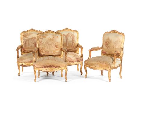 A Napoleon III salon setPart carved and gilt wood of scrolls and foliage motifs decorationComprising of four chairs and one s