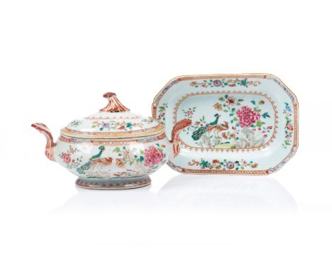 A small tureen with cover and platterChinese export porcelainPolychrome "Famille Rose" enamelled, iron oxide and gilt decorat