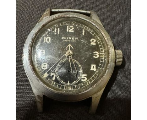 BUREN: Grand Prix 'Dirty Dozen' British military issue wristwatch head, black dial with subsidiary seconds dial, inscribed an