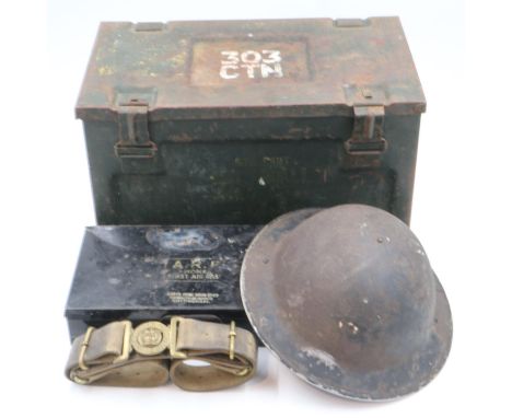 British Home Front: ARP brodie helmet and first aid tin, with a regimental belt and 303 ammunition tin. UK P&amp;P Group 3 (£