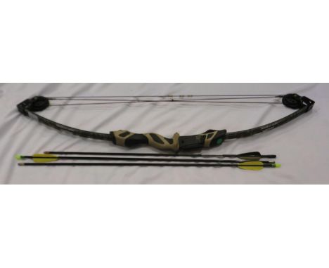 Mossy Oak Vertigo compound bow, in army green camo, with three arrows. Not available for in-house P&amp;P