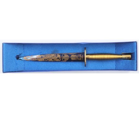 Wilkinson Sword Falkland Islands Campaign commemorative Fairbairn Sykes Commando dagger, engraved and gilt with blued blade, 