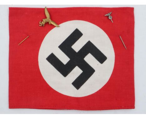 Third Reich printed cotton NSDAP armband, with two tie pins. UK P&amp;P Group 1 (£16+VAT for the first lot and £2+VAT for sub