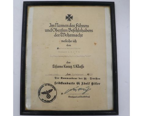 WWII German Framed Iron Cross 1st Class Certificate to an LAH SS Junior Squad Leader. Was purchased by the vendor in Berlin. 
