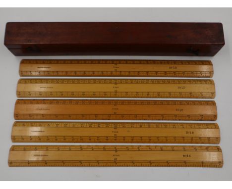 Set No1 Engine Divided rulers, No1 A-E, marked F McC and stamped with broad arrow in wooden case. UK P&amp;P Group 1 (£16+VAT