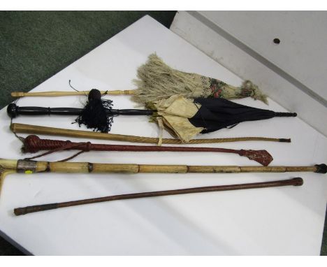 FASHION, 2 antique ladies parasols, also silver mounted antler handled walking stick, 2 riding crops, etc 