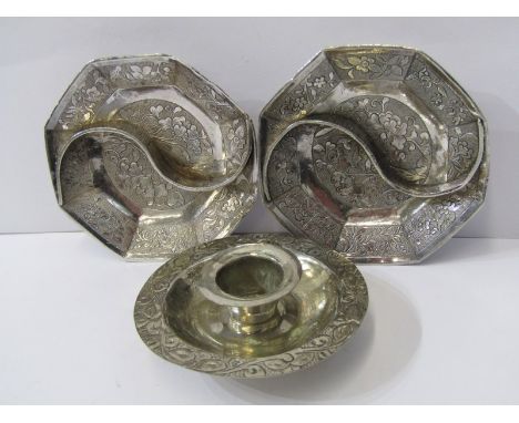 CHINESE SILVER, pair of octagonal sweet meat dishes with floral decoration, 3" dia, also a circular silver candlestick holder